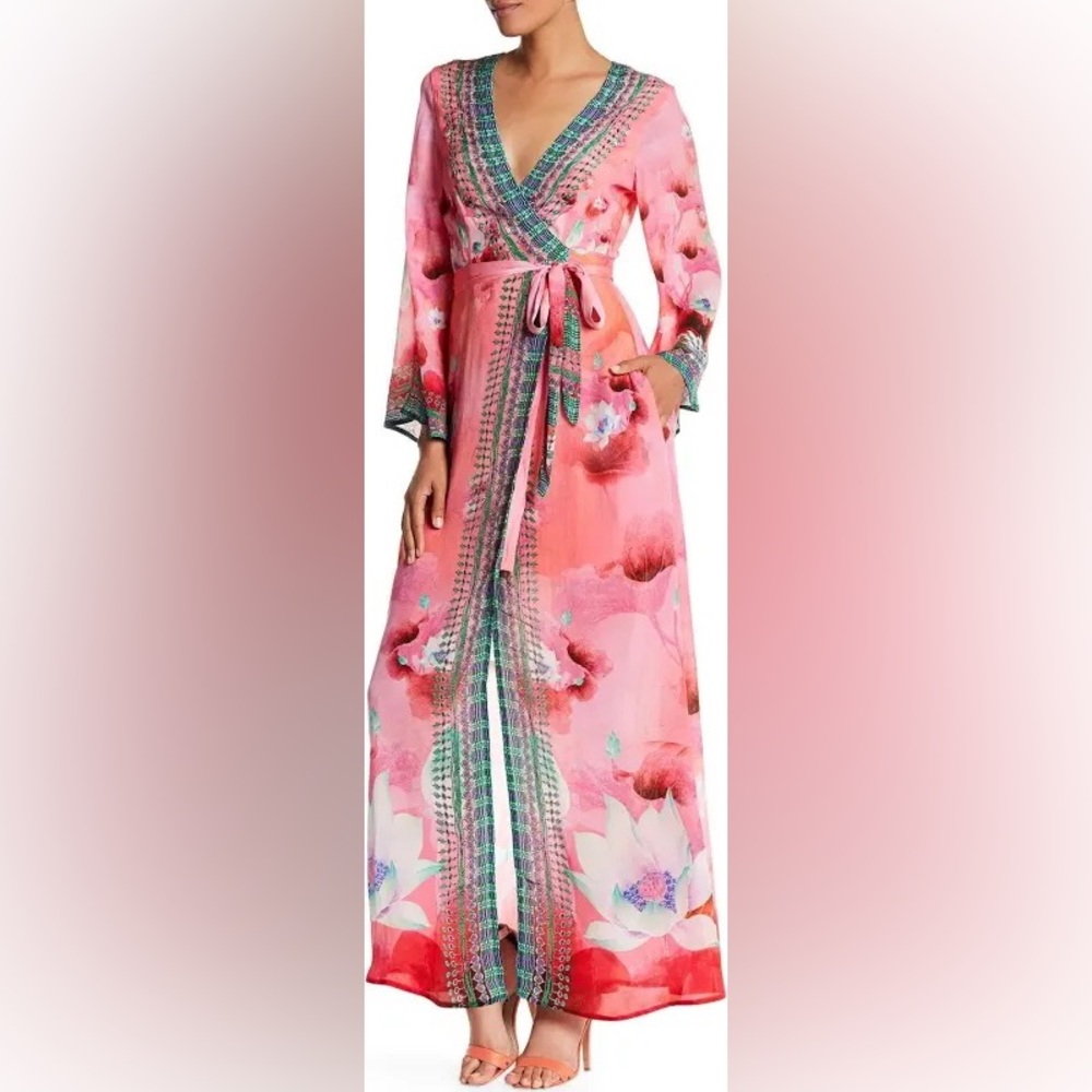 Shahida Parides Long Caftan Pink Wrap Dress Gown $479